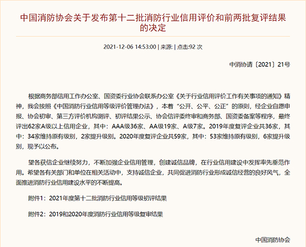 中國消防協會公布AA級信用企業名單